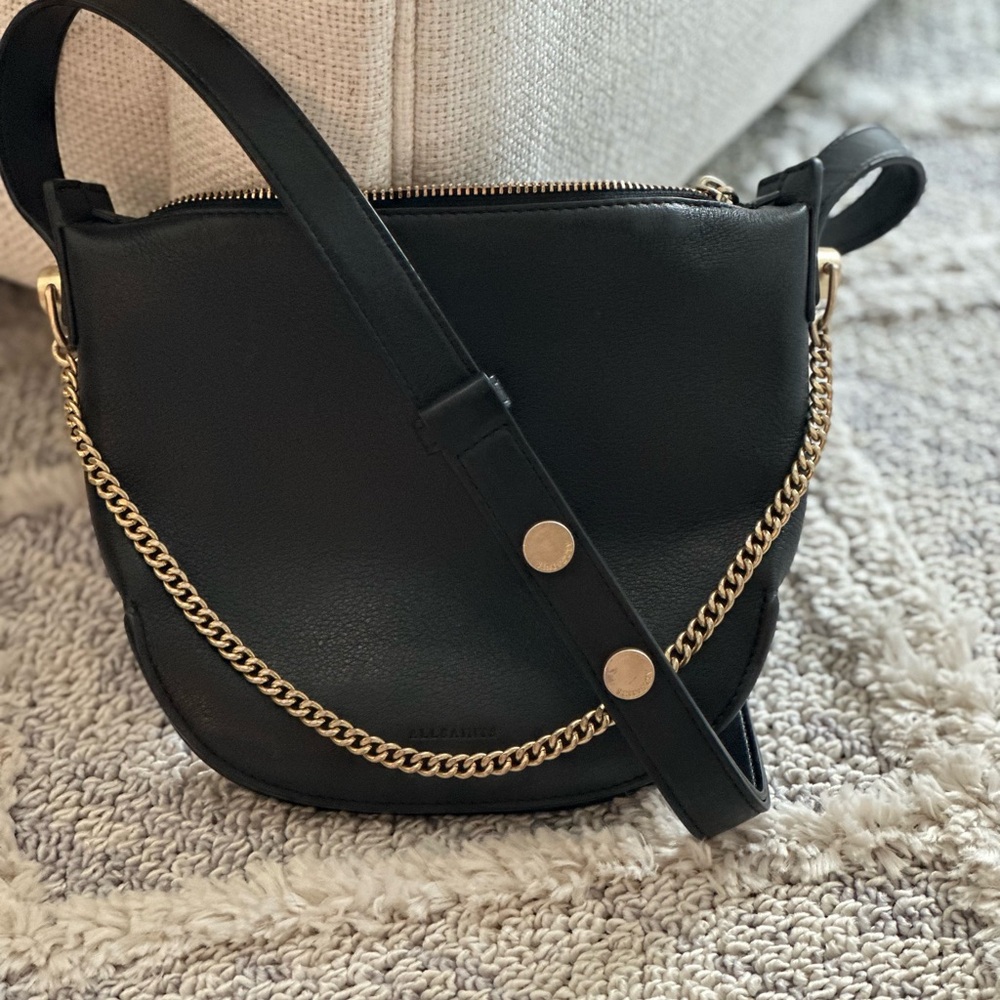 ALL SAINTS Black Leather Crossbody Satchel with Gold Chain and hardware